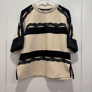 Cavalli Class Roberto Cavalli Cream Quilted Lace Silk Cotton Top Cream Black